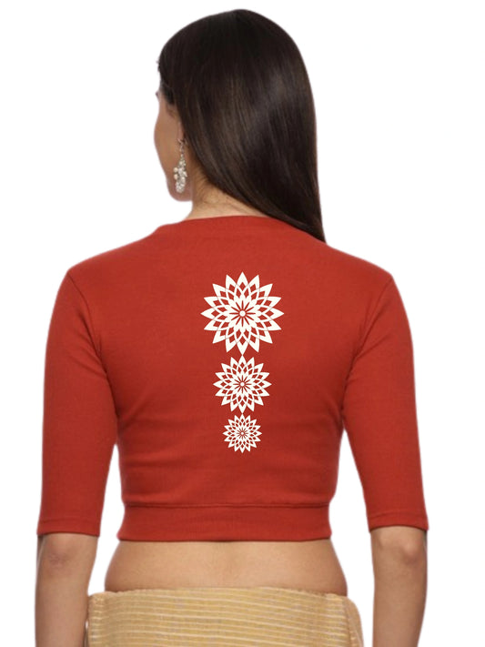 Women Back Printed Stretchable Elbow Sleeve RIB Blouse U0170 Rust