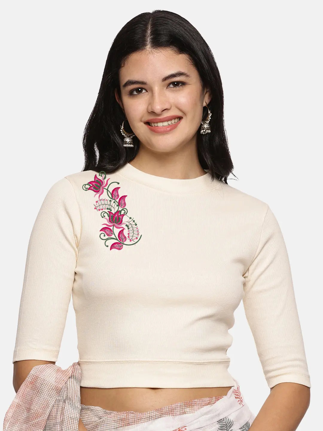 Women Back Printed Stretchable Elbow Sleeve RIB Blouse U0117 - notyetbyus
