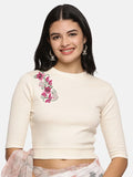 Women Back Printed Stretchable Elbow Sleeve RIB Blouse U0117 Cream