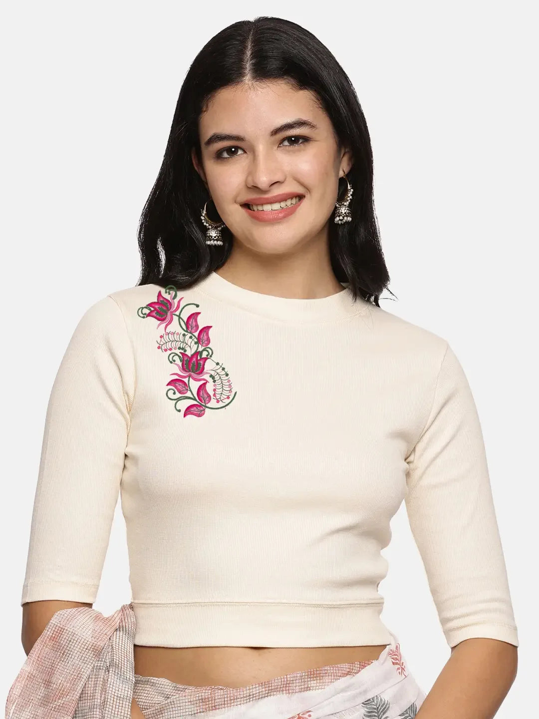 Women Back Printed Stretchable Elbow Sleeve RIB Blouse U0117 - notyetbyus