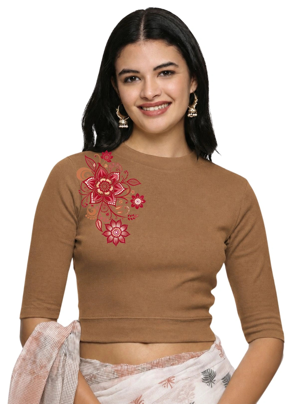 Women Back Printed Stretchable Elbow Sleeve RIB Blouse U0122 Biscuit