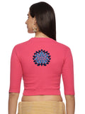 Women Back Printed Stretchable Elbow Sleeve RIB Blouse U0169 Baby Pink