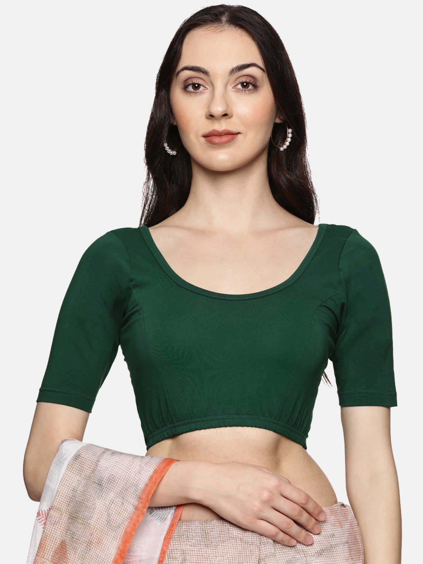 Women Plain Stretchable Half Sleeve Blouse U01A Bottle Green