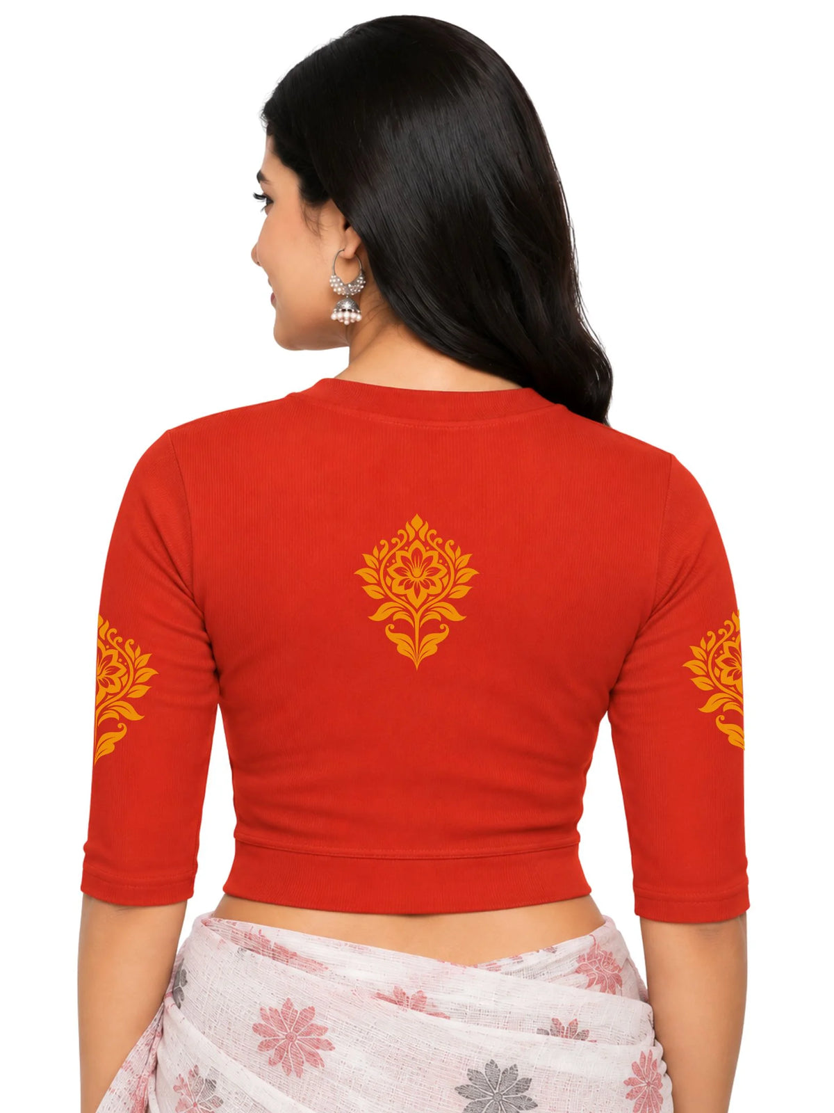 Women Back Printed Stretchable Elbow Sleeve RIB Blouse U0116 Dark Orange