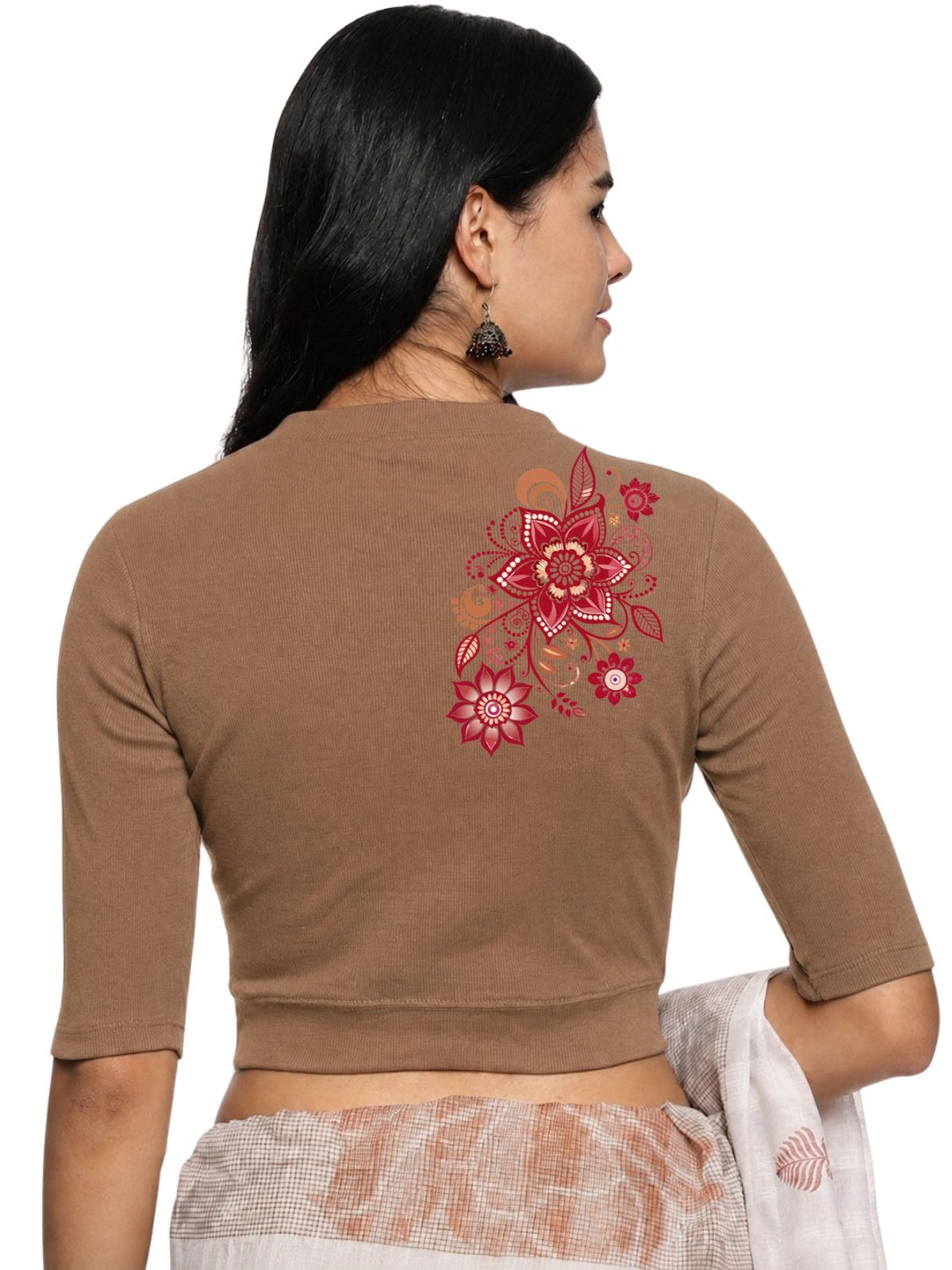 Women Back Printed Stretchable Elbow Sleeve RIB Blouse U0122 Biscuit