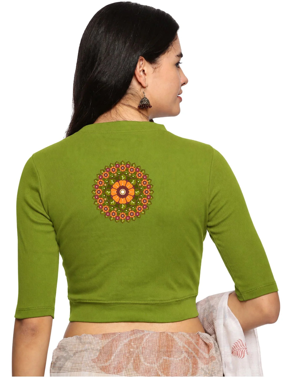 Women Back Printed Stretchable Elbow Sleeve RIB Blouse U0129R Dark Parrot Green