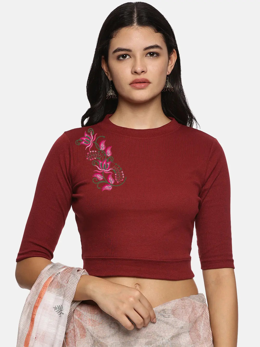 Women Back Printed Stretchable Elbow Sleeve RIB Blouse U0117 - notyetbyus