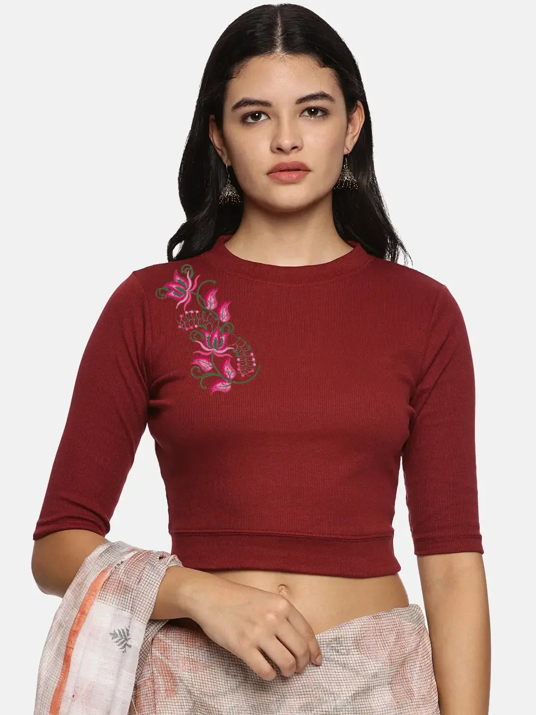 Women Back Printed Stretchable Elbow Sleeve RIB Blouse U0117 - notyetbyus