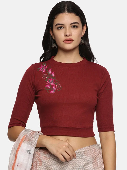 Women Back Printed Stretchable Elbow Sleeve RIB Blouse U0117 - notyetbyus