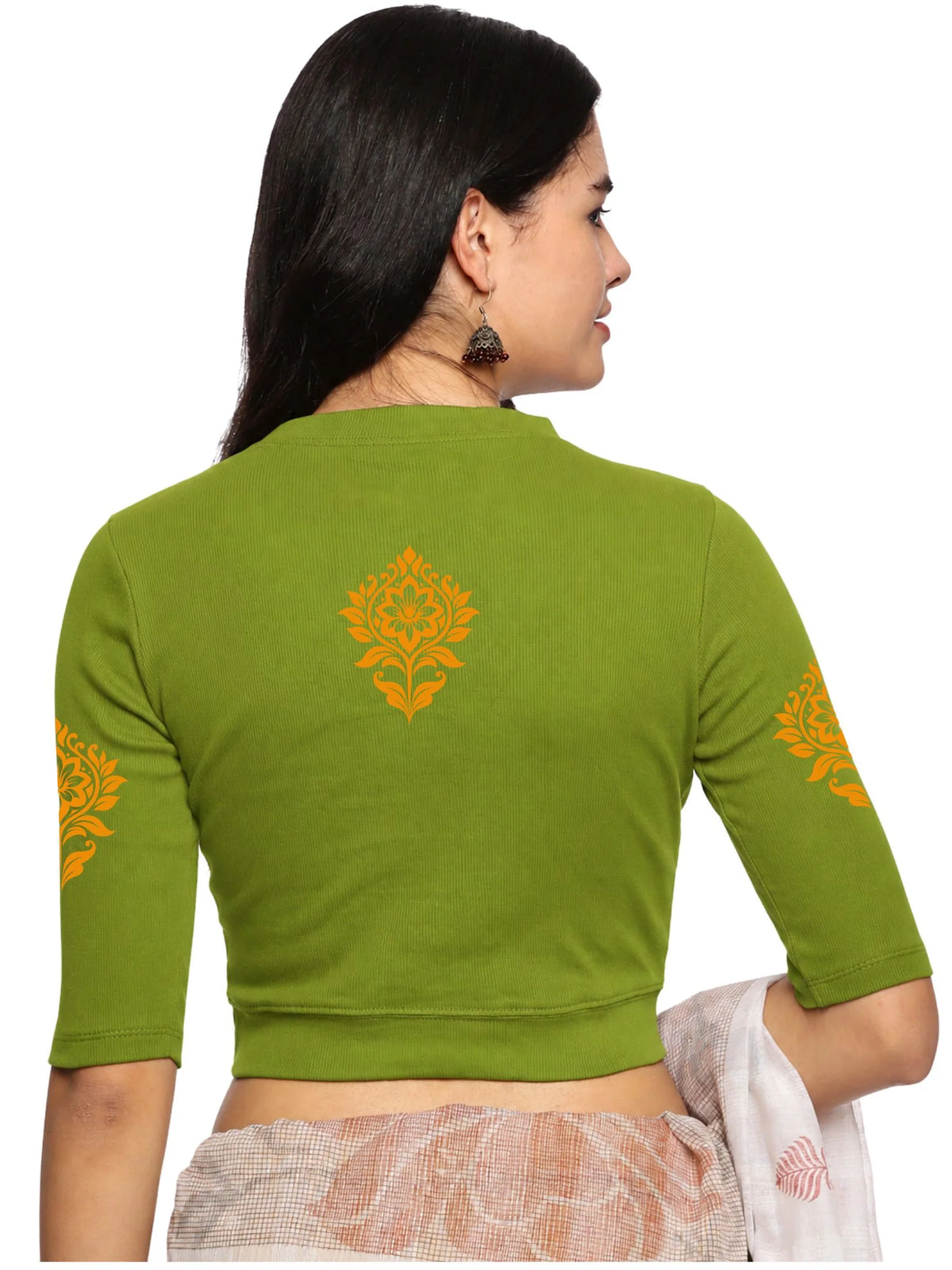Women Back Printed Stretchable Elbow Sleeve RIB Blouse U0116 Dark Parrot Green