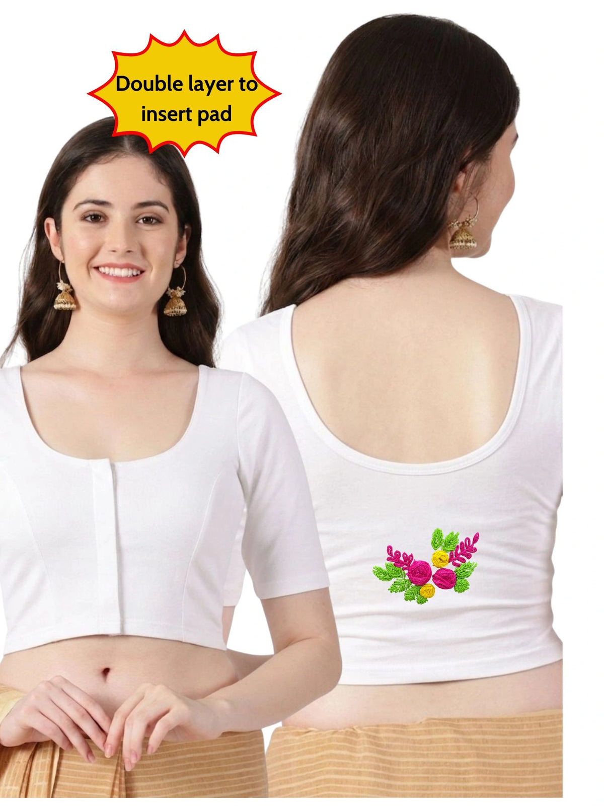 DIY Embroidery Kit with Women Front Open Stretchable Half Sleeve Blouse E01 – White