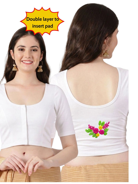 DIY Embroidery Kit with Women Front Open Stretchable Half Sleeve Blouse E01 – White