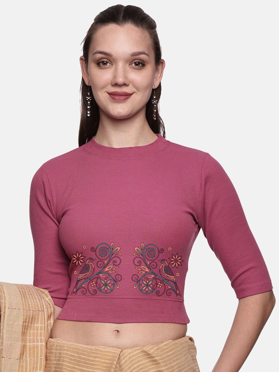 Women Back Printed Stretchable Elbow Sleeve RIB Blouse U0156