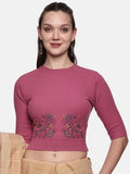 Women Back Printed Stretchable Elbow Sleeve RIB Blouse U0156 Wine