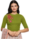 Women Back Printed Stretchable Elbow Sleeve RIB Blouse U0122 Dark Parrot Green