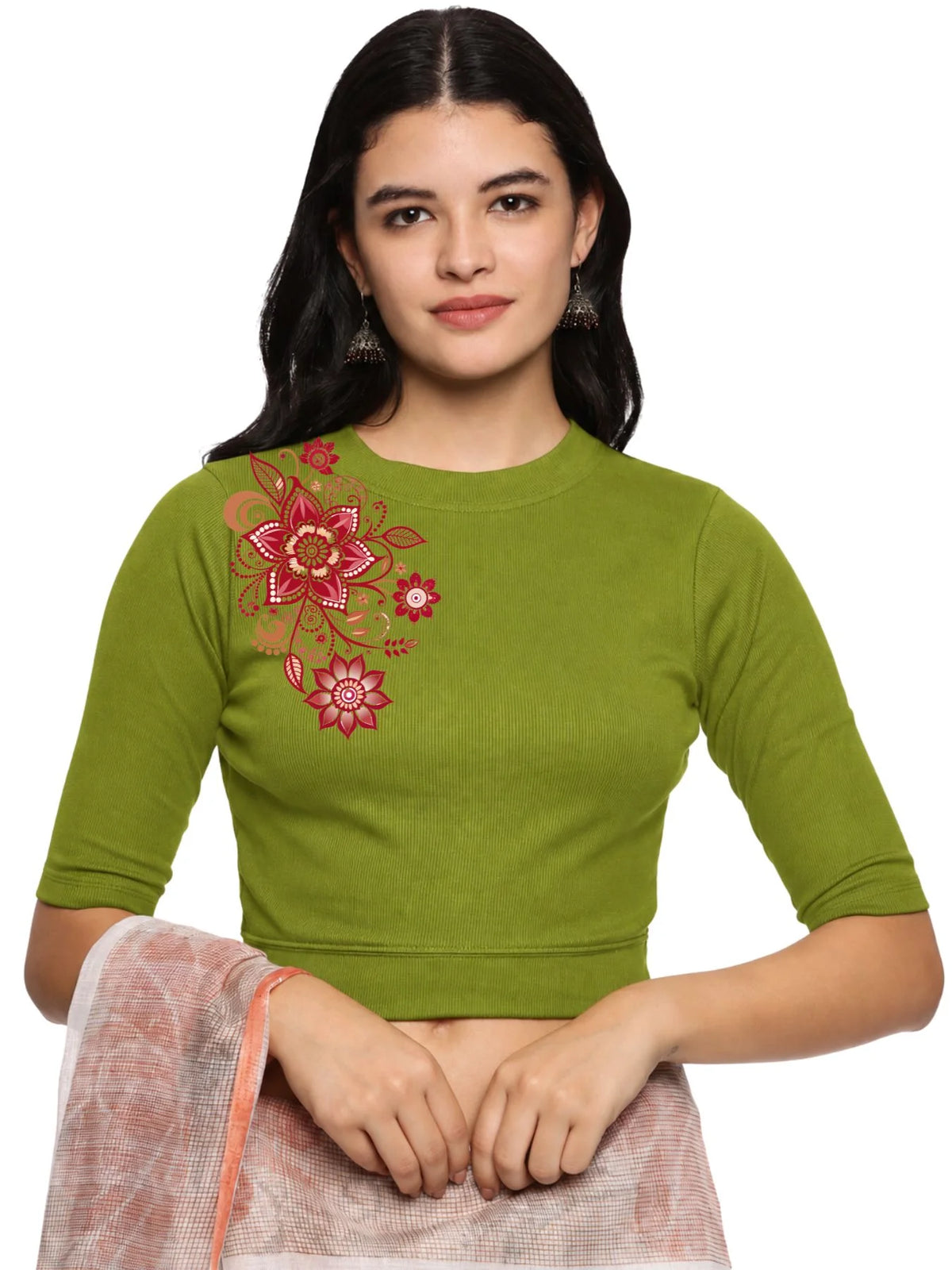 Women Back Printed Stretchable Elbow Sleeve RIB Blouse U0122 Dark Parrot Green