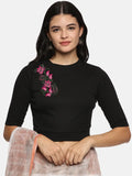Women Back Printed Stretchable Elbow Sleeve RIB Blouse U0117 Black