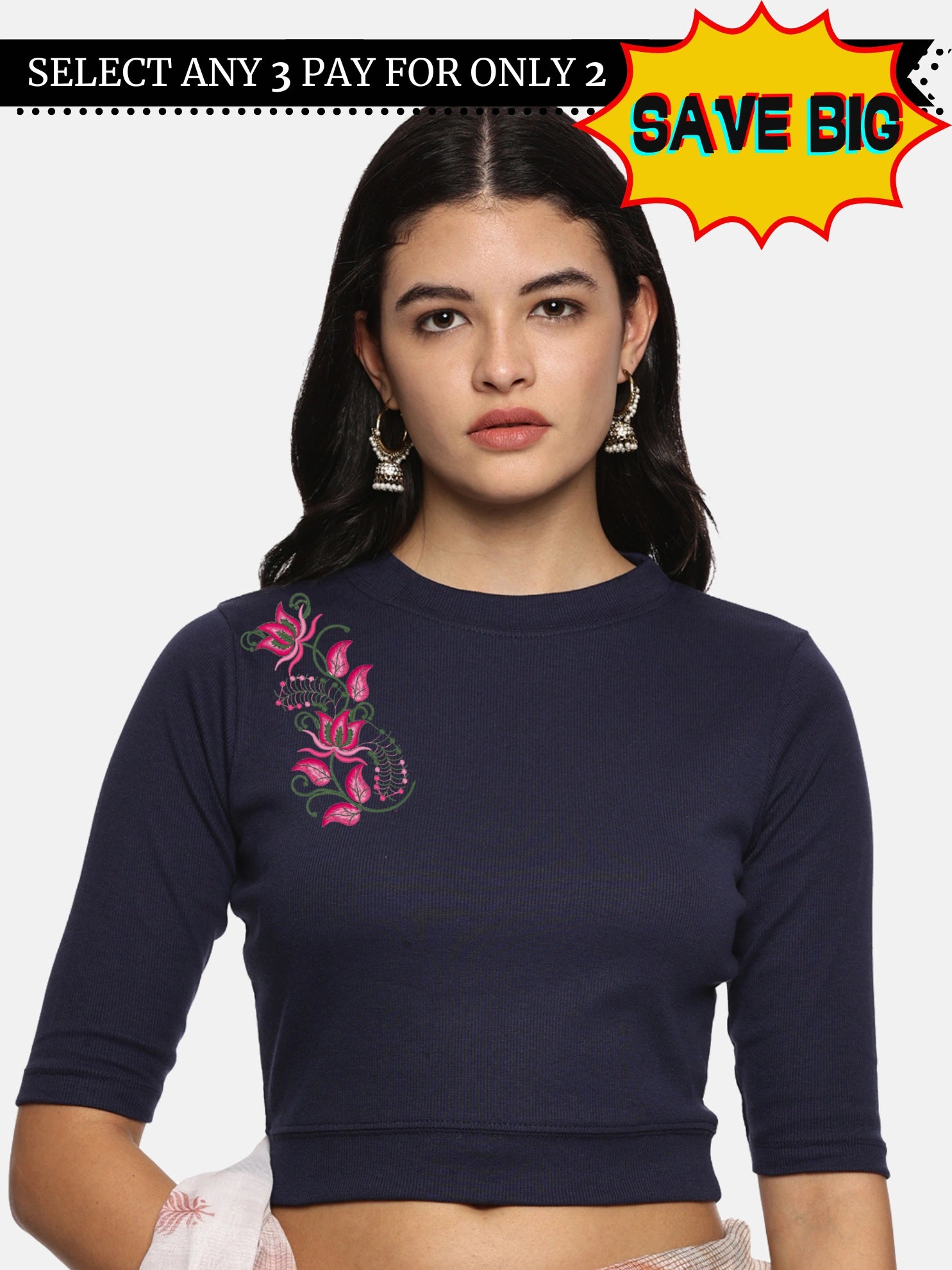 Women Back Printed Stretchable Elbow Sleeve RIB Blouse U0117 - notyetbyus