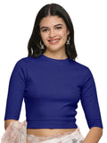 Women Plain Stretchable Elbow Sleeve RIB Blouse U0121 Royal Blue