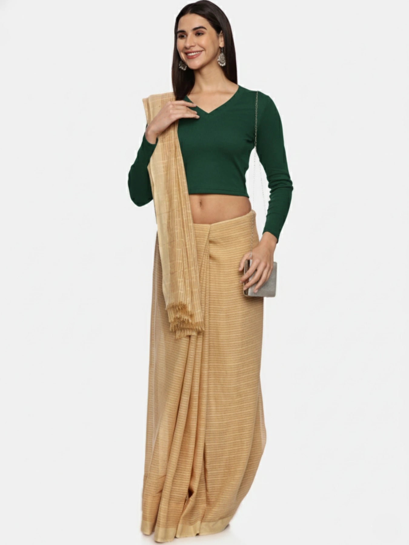 Women Plain Stretchable Full Sleeve V Neck RIB Blouse U0191 Bottle Green