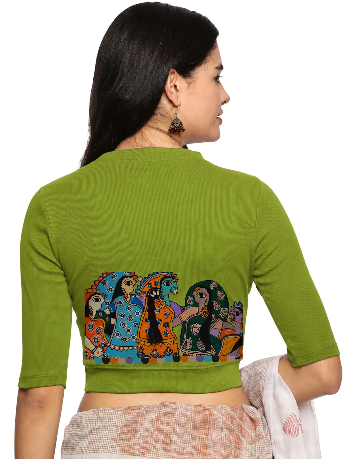 Women Back Printed Stretchable Elbow Sleeve RIB Blouse U0160 Dark Parrot Green