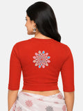 Women Back Printed Stretchable Elbow Sleeve RIB Blouse U0168 Dark Orange