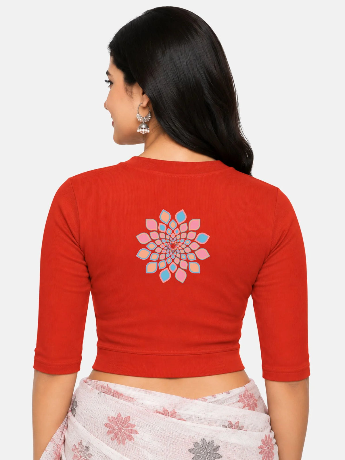 Women Back Printed Stretchable Elbow Sleeve RIB Blouse U0168 Dark Orange