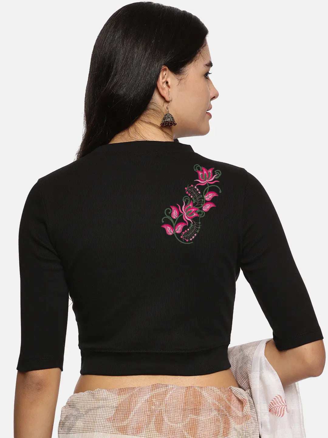 Women Back Printed Stretchable Elbow Sleeve RIB Blouse U0117 - notyetbyus