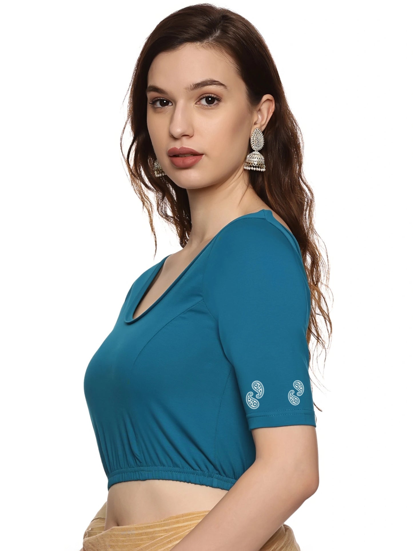 Women Back Printed Stretchable  Half Sleeve Blouse U089 peacock