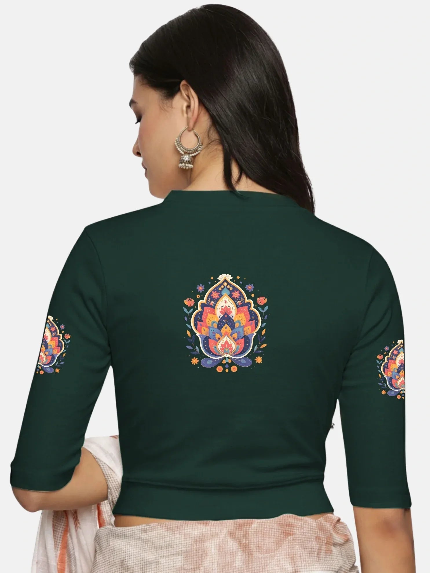 Women Back Printed Stretchable Elbow Sleeve RIB Blouse U0157 - notyetbyus