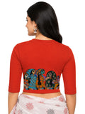 Women Back Printed Stretchable Elbow Sleeve RIB Blouse U0160 Dark Orange