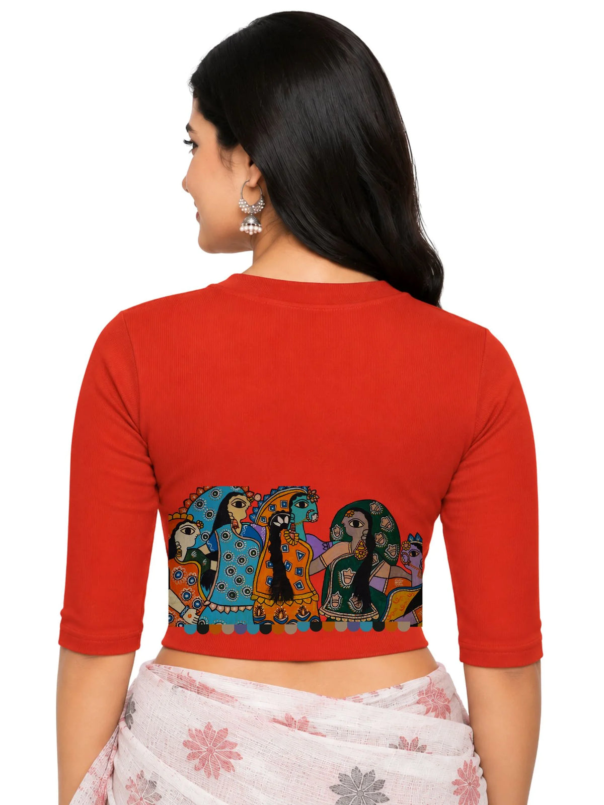 Women Back Printed Stretchable Elbow Sleeve RIB Blouse U0160 Dark Orange