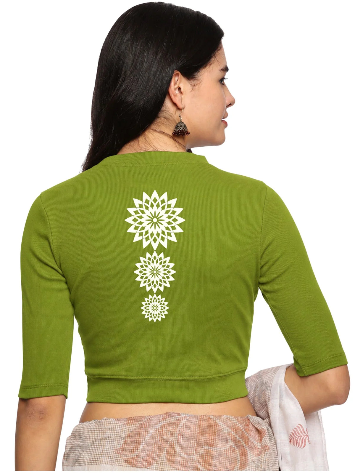Women Back Printed Stretchable Elbow Sleeve RIB Blouse U0170 Dark Parrot Green