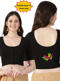 DIY Embroidery Kit with Women Front Open Stretchable Half Sleeve Blouse E01 – Black