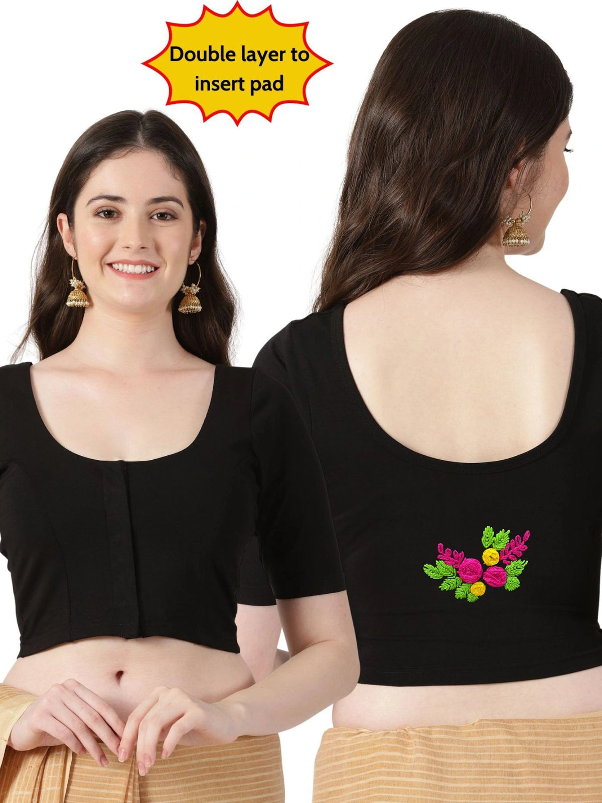 DIY Embroidery Kit with Women Front Open Stretchable Half Sleeve Blouse E01 – Black
