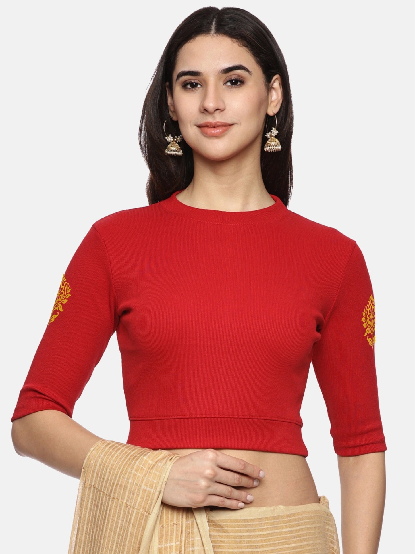Women Back Printed Stretchable Elbow Sleeve RIB Blouse U0116 Red