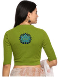 Women Back Printed Stretchable Elbow Sleeve RIB Blouse U0169 Dark Parrot Green