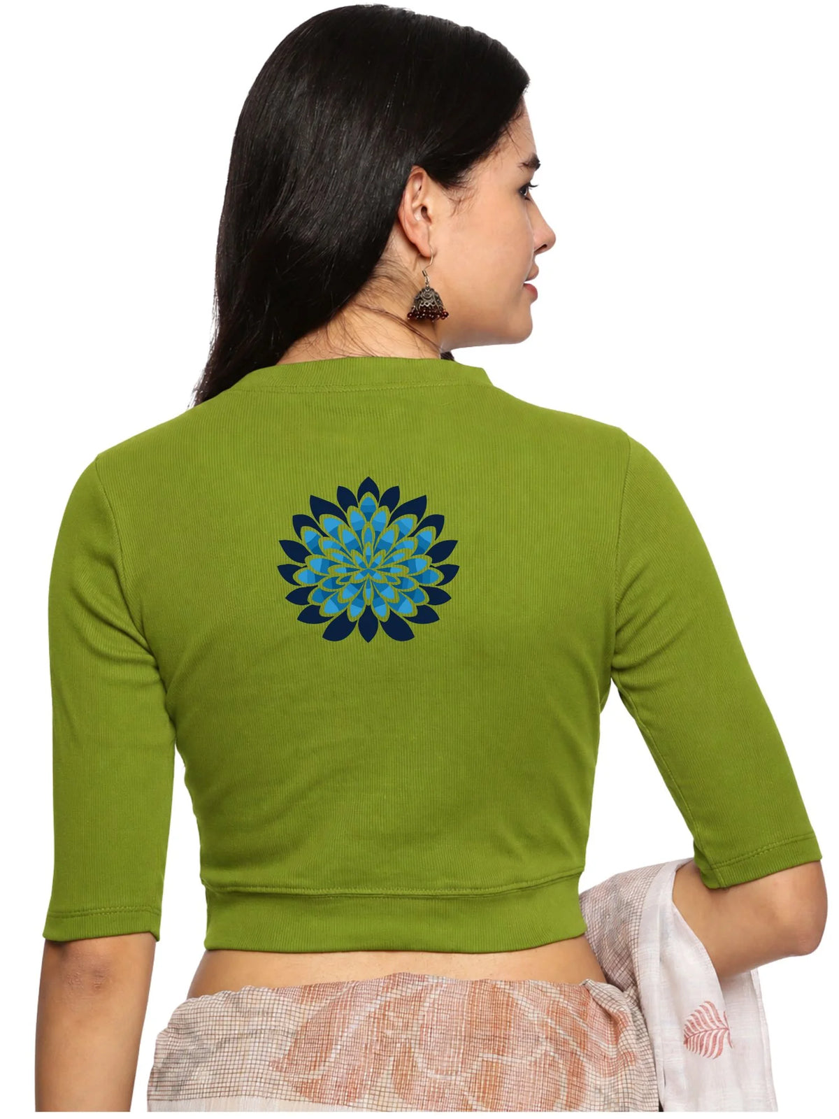 Women Back Printed Stretchable Elbow Sleeve RIB Blouse U0169 Dark Parrot Green