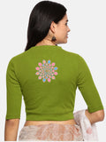 Women Back Printed Stretchable Elbow Sleeve RIB Blouse U0168 Dark Parrot Green