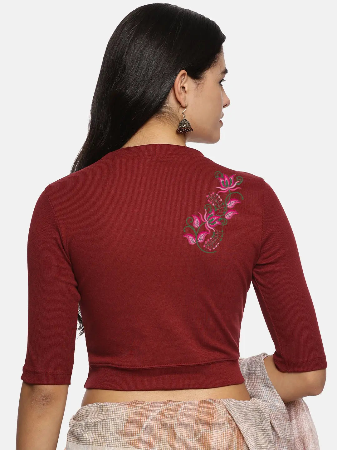 Women Back Printed Stretchable Elbow Sleeve RIB Blouse U0117 - notyetbyus