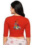 Women Back Printed Stretchable Elbow Sleeve RIB Blouse U0172 Dark Orange
