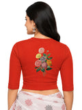 Women Back Printed Stretchable Elbow Sleeve RIB Blouse U0171 Dark Orange