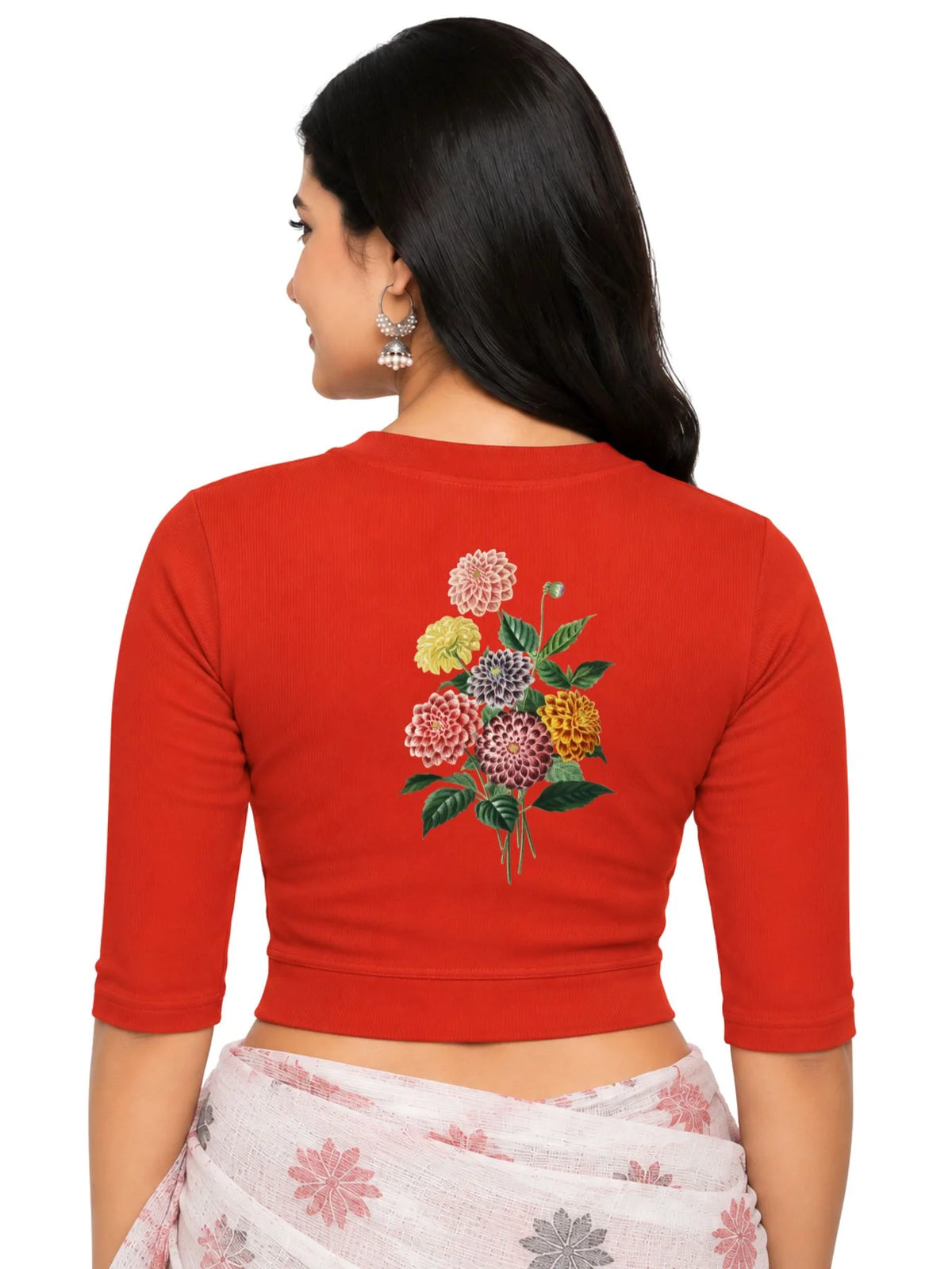 Women Back Printed Stretchable Elbow Sleeve RIB Blouse U0171 Dark Orange