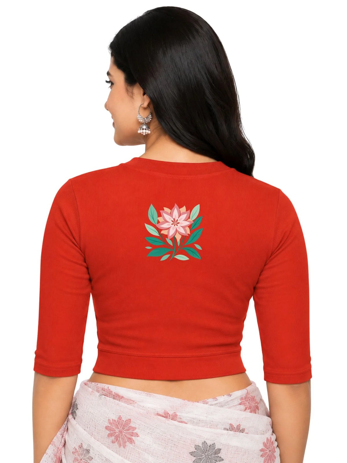 Women Back Printed Stretchable Elbow Sleeve RIB Blouse U0155 Dark Orange