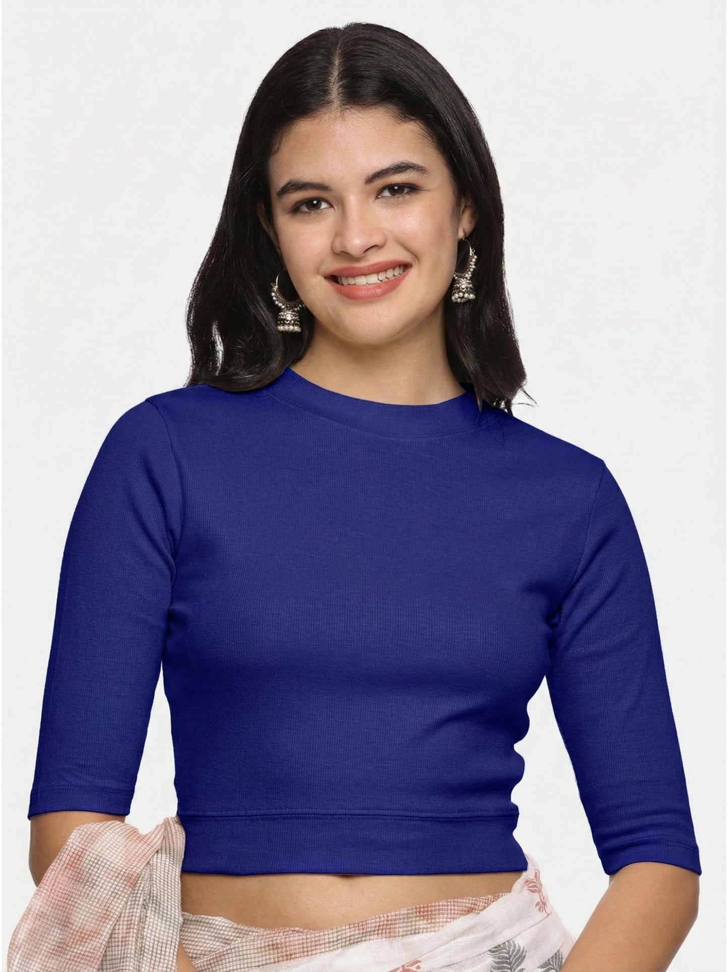 Women Back Printed Stretchable Elbow Sleeve RIB Blouse U0171 Royal Blue