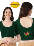DIY Embroidery Kit with Women Front Open Stretchable Half Sleeve Blouse E01 – Bottle Green