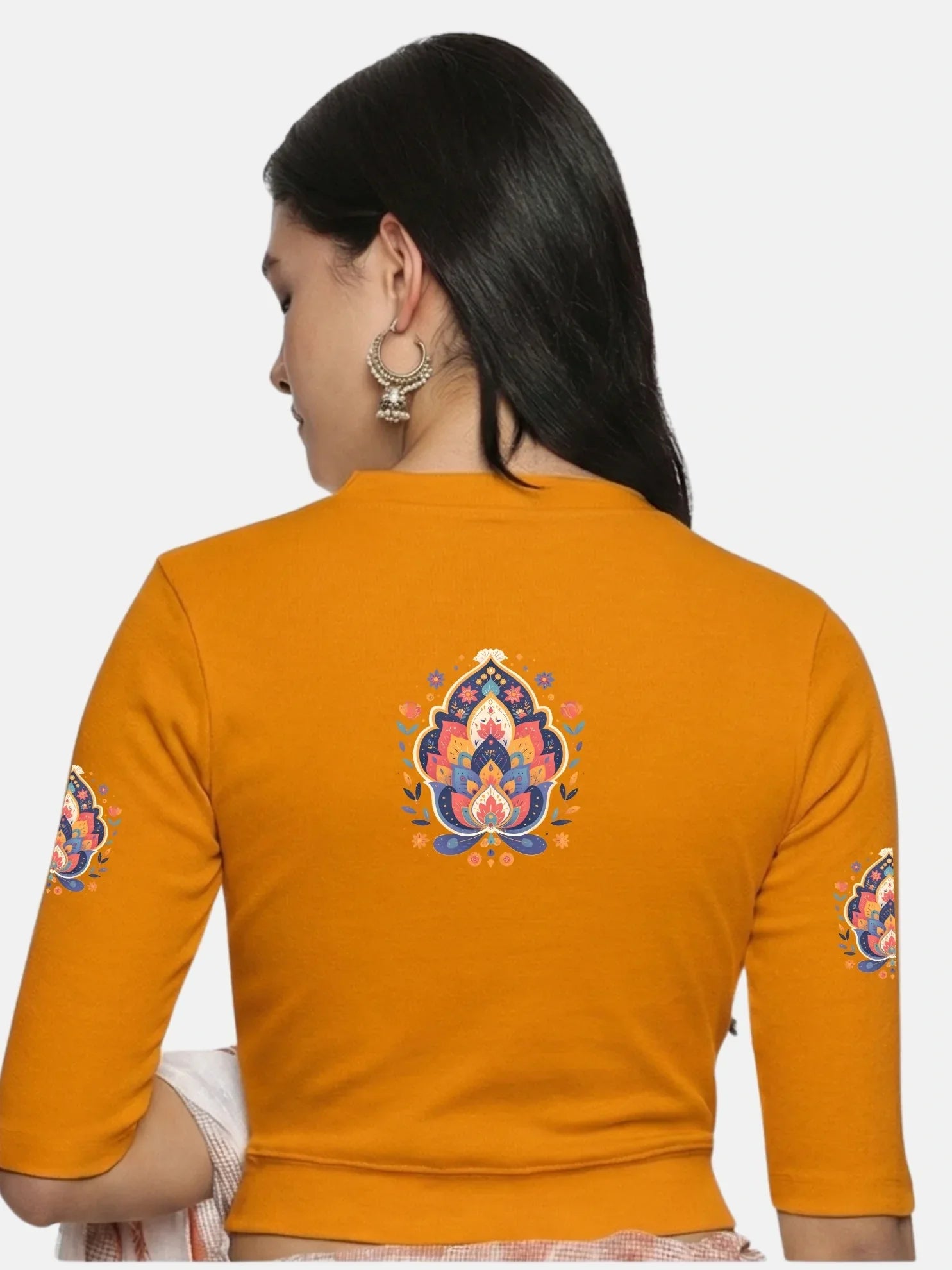 Women Back Printed Stretchable Elbow Sleeve RIB Blouse U0157 - notyetbyus