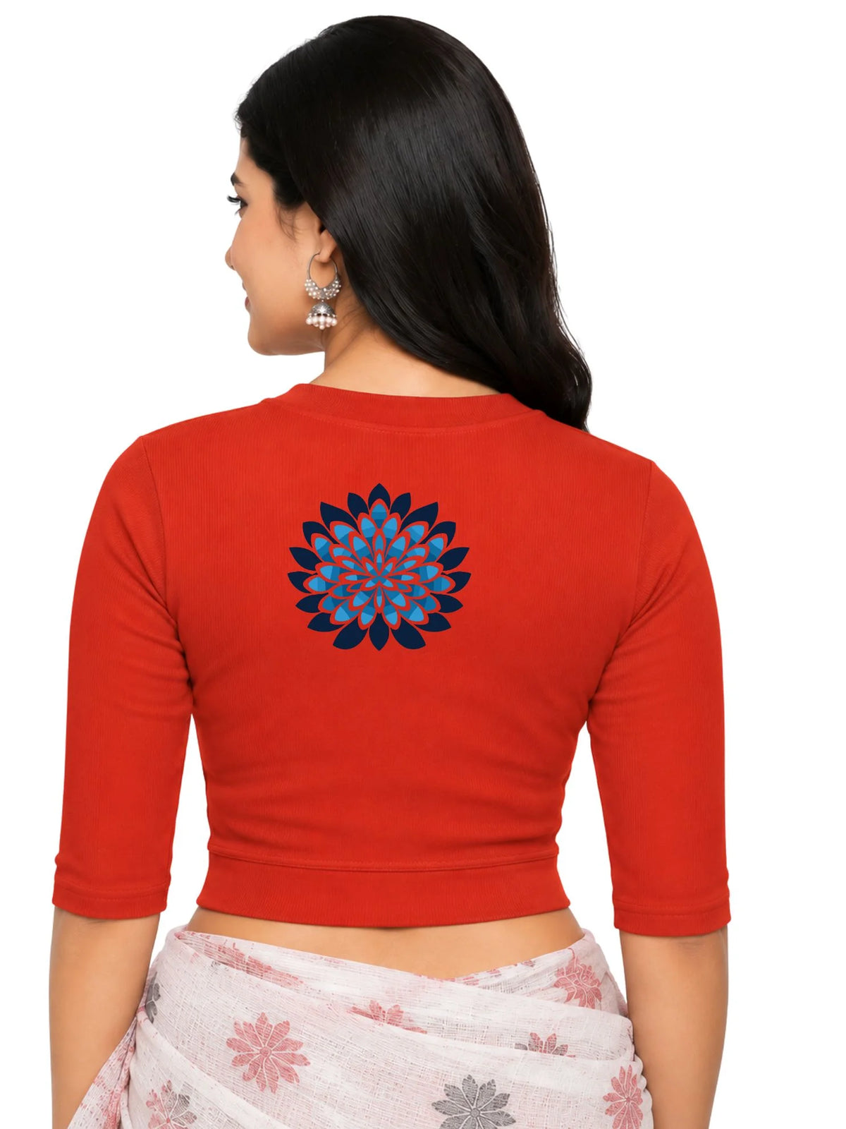 Women Back Printed Stretchable Elbow Sleeve RIB Blouse U0169 Dark Orange