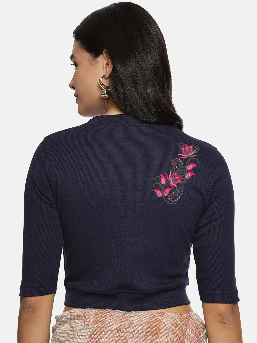 Women Back Printed Stretchable Elbow Sleeve RIB Blouse U0117 - notyetbyus