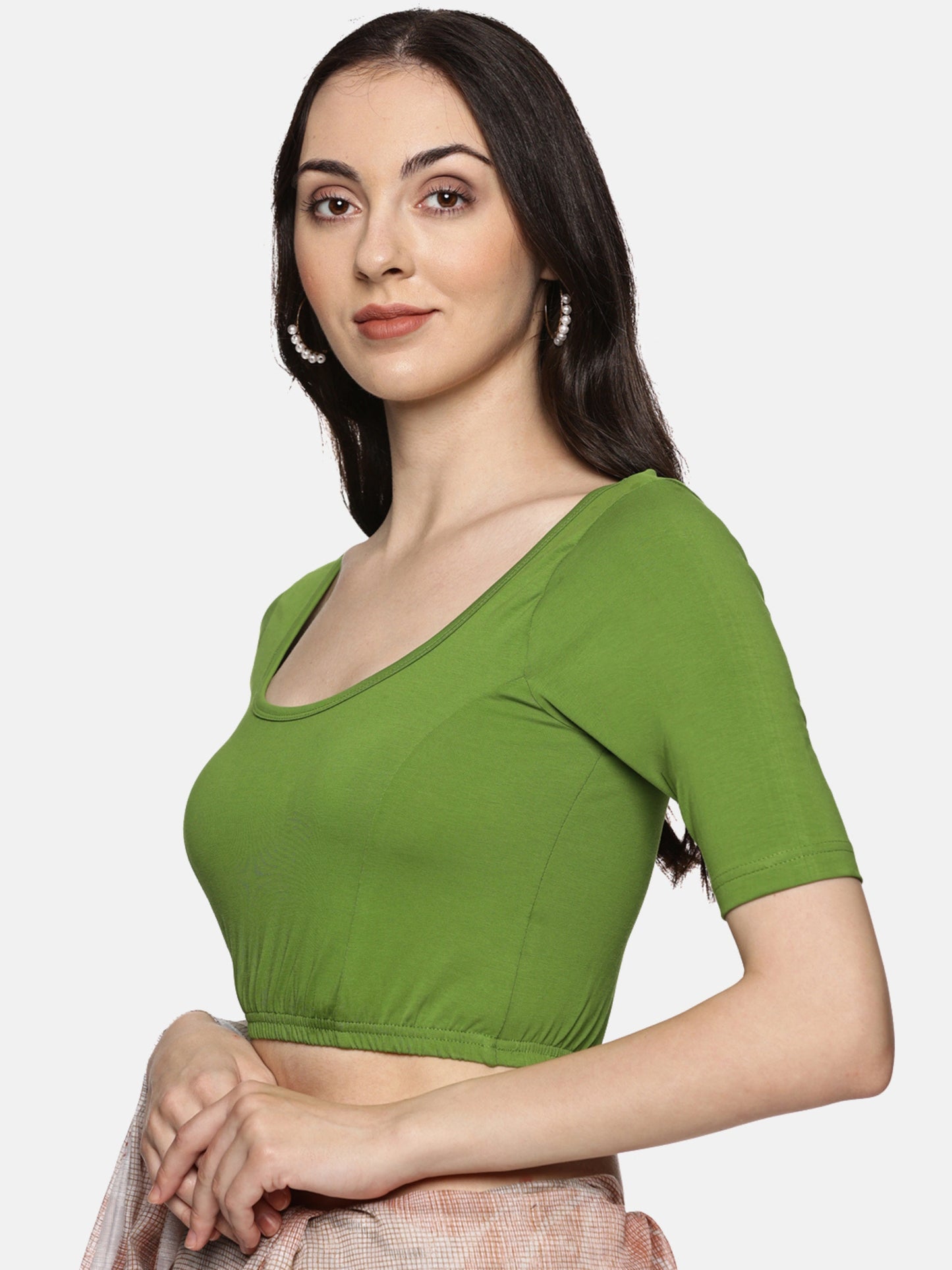 Women Plain Stretchable Half Sleeve Blouse U01A Mehndi Green